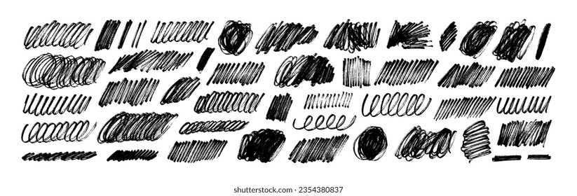 Various marker scribbles and curly lines. Vector charcoal thin lines and childish crayon drawing. Doodle shapes and pencil or marker smears. Grunge crayon texture, crosshatches, vector pencil squiggle