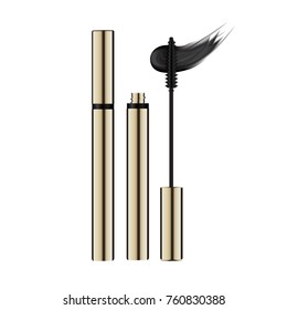 various mascara brushes with mascara strokes isolated on white background