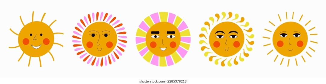 Various mascots, glad suns. Funny illustrations, different emotions, cute smiling face. Vector illustration in simple flat style
