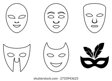 Verschiedene Masken mit ausdrucksstarken Gesichtern und Federn Ausdrücke
