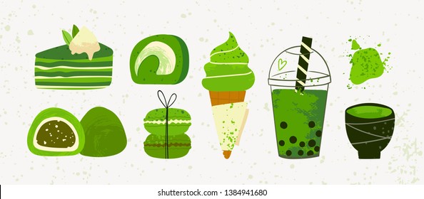 Various matcha tea products. Japanese food. Matcha powder, mochi, macarons, bubble tea, ice cream, pie. Hand drawn vector set. Colored trendy illustration. Flat design. All elements are isolated