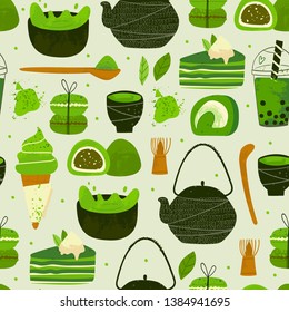 Various matcha tea products. Japanese food. Matcha powder, mochi, macarons, bubble tea, ice cream, pie, tea pot, bamboo spoon. Hand drawn vector seamless pattern. Colored trendy illustration