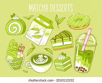 Various matcha tea products. Japanese food. Matcha tea, milk, donut, bubble tea, ice cream, pie. Hand drawn vector set. Colored trendy illustration. Flat design. All elements are isolated
