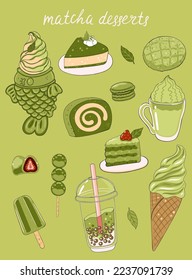 Various matcha tea products. Japanese food.Vector graphics.