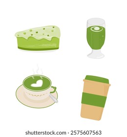 Various matcha tea products. Japanese food. Matcha tea, milk, pie. Hand drawn vector set. Colored trendy illustration. Flat design.