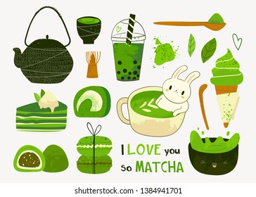 Various matcha tea products. Matcha powder, mochi, macarons, tea pot, bamboo spoon, tea leaves, bubble tea. Hand drawn vector set. Colored trendy illustration. Flat design. All elements are isolated