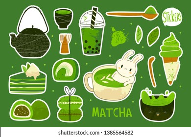 Various matcha tea products. Tea powder, mochi, macarons, bamboo spoon, tea leaves, bubble tea. Hand drawn vector set. Colored trendy illustration. Pre-made stickers. All elements are isolated