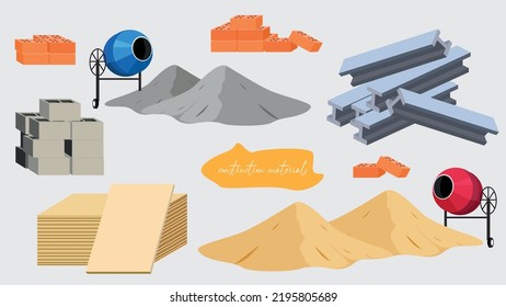 Various materials for construction, sand, bricks, cement, metal