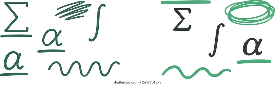 Various mathematical symbols are artistically illustrated using different styles and colors. The arrangement showcases creativity within mathematical concepts.