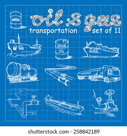 Various means of crude oil, natural gas and derivative products transportation. EPS10 set of 11 vector illustrations imitating blueprint style scribbling with white marker.