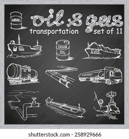 Various means of crude oil, natural gas and derivative products transportation. EPS10 set of 11 vector illustrations in a sketchy style imitating scribbling on the blackboard.