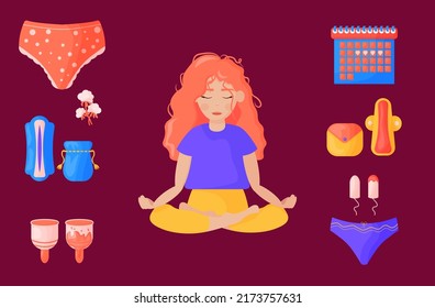 Diversos medios para el ciclo menstrual, taza menstrual, toallitas, tampones, una chica se sienta meditando durante el periodo. El concepto de basura cero es reutilizable. Ilustración de conjunto de vectores en estilo de caricatura