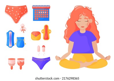 Verschiedene Mittel für den Menstruationszyklus, Menstruationstasse, Pads, Tampons, ein Mädchen sitzt während der Periode meditieren. Das Konzept des Nullabfalls ist wiederverwendbar. Vektorgrafik im Cartographie-Stil