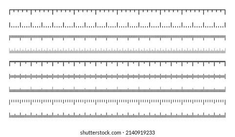 Various measurement scales with divisions. Realistic scale for measuring length or height in centimeters, millimeters or inches. Ruler, tape measure marks, size indicators. Vector illustration