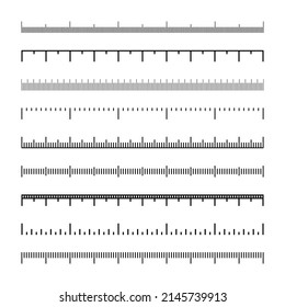 Various measurement scales with divisions. Realistic scale for measuring length or height in centimeters, millimeters or inches. Ruler, tape measure marks, size indicators. Vector illustration