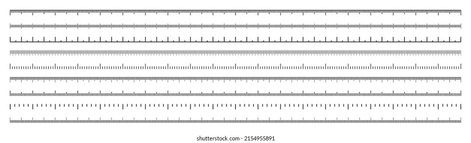 Various Measurement Scales With Divisions. Realistic Long Scale For Measuring Length Or Height In Centimeters, Millimeters Or Inches. Ruler, Tape Measure Marks, Size Indicators. Vector Illustration