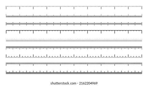 Various measurement scales with divisions. Realistic scale for measuring length or height in centimeters, millimeters or inches. Ruler, tape measure marks, size indicators. Vector illustration