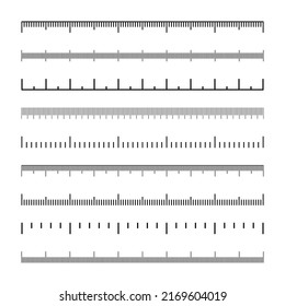 Various measurement scales with divisions. Realistic scale for measuring length or height in centimeters, millimeters or inches. Ruler, tape measure marks, size indicators. Vector illustration