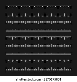 Various measurement scales with divisions. Realistic white scale for measuring length or height in centimeters, millimeters or inches. Ruler, tape measure marks, size indicators. Vector illustration