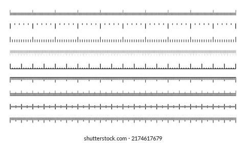 Various measurement scales with divisions. Realistic scale for measuring length or height in centimeters, millimeters or inches. Ruler, tape measure marks, size indicators. Vector illustration