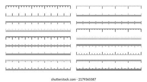 Various measurement scales with divisions. Realistic scale for measuring length or height in centimeters, millimeters or inches. Ruler, tape measure marks, size indicators. Vector illustration