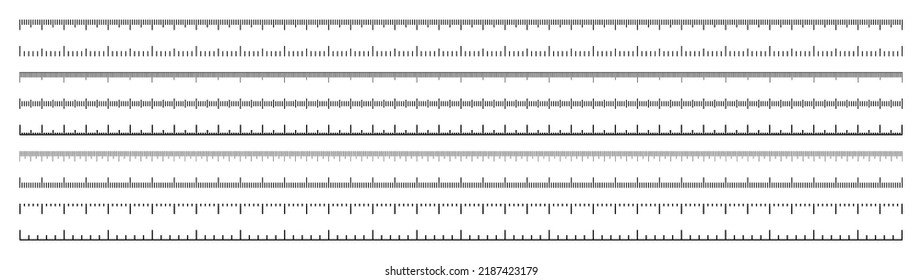 Various measurement scales with divisions. Realistic long scale for measuring length or height in centimeters, millimeters or inches. Ruler, tape measure marks, size indicators. Vector illustration