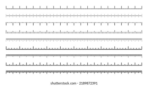 Various measurement scales with divisions. Realistic scale for measuring length or height in centimeters, millimeters or inches. Ruler, tape measure marks, size indicators. Vector illustration