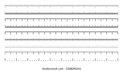 Various Measurement Scales With Divisions. Realistic Scale For Measuring Length Or Height In Centimeters, Millimeters Or Inches. Ruler, Tape Measure Marks, Size Indicators. Vector Illustration