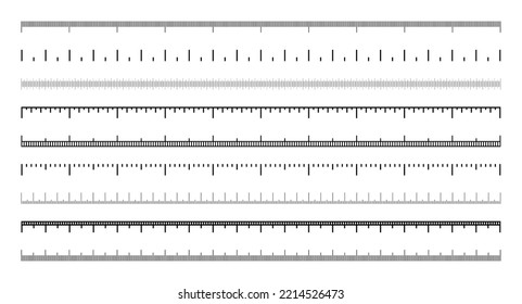 Varias escalas de medición con divisiones. Escala realista para medir la longitud o altura en centímetros, milímetros o pulgadas. Regla, marcas de medida de cinta, indicadores de tamaño. Ilustración del vector