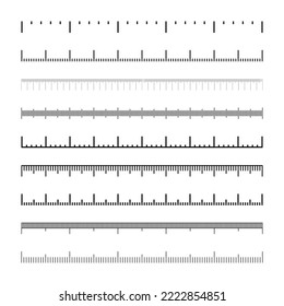 Various measurement scales with divisions. Realistic scale for measuring length or height in centimeters, millimeters or inches. Ruler, tape measure marks, size indicators. Vector illustration