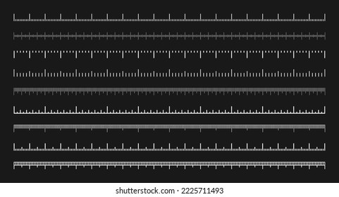 Various measurement scales with divisions. Realistic white scale for measuring length or height in centimeters, millimeters or inches. Ruler, tape measure marks, size indicators. Vector illustration