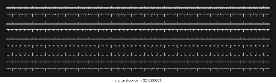 Various measurement scales with divisions. Realistic white scale for measuring length or height in centimeters, millimeters or inches. Ruler, tape measure marks, size indicators. Vector illustration