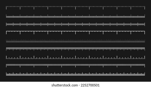 Various measurement scales with divisions. Realistic white scale for measuring length or height in centimeters, millimeters or inches. Ruler, tape measure marks, size indicators. Vector illustration