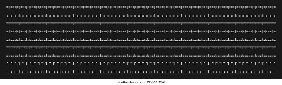 Verschiedene Messwaagen mit Trennflächen. Realistische weiße Skala für die Messung von Länge oder Höhe in Zentimetern, Millimetern oder Zoll. Lineal, Maßmarken, Größenanzeigen. Vektorgrafik