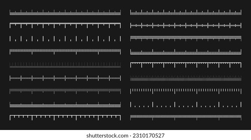 Various measurement scales with divisions. Realistic white scale for measuring length or height in centimeters, millimeters or inches. Ruler, tape measure marks, size indicators. Vector illustration