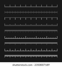 Various measurement scales with divisions. Realistic white scale for measuring length or height in centimeters, millimeters or inches. Ruler, tape measure marks, size indicators. Vector illustration