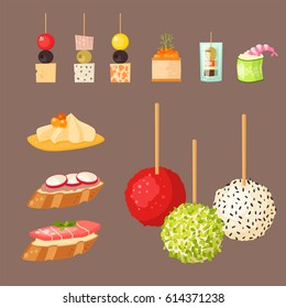 Various meat canape snacks appetizer fish and cheese banquet snacks on platter vector illustration.