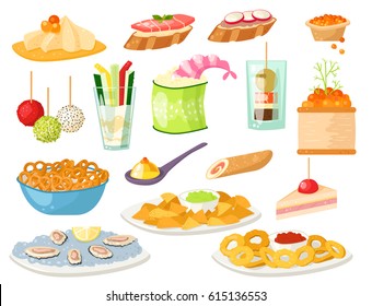 Various meat canape snacks appetizer fish and cheese banquet snacks on platter vector illustration.