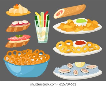 Various meat canape snacks appetizer fish and cheese banquet snacks on platter vector illustration.