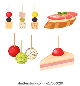 Various meat canape snacks appetizer fish and cheese banquet snacks on platter vector illustration.