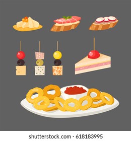 Various meat canape snacks appetizer fish and cheese banquet snacks on platter vector illustration.