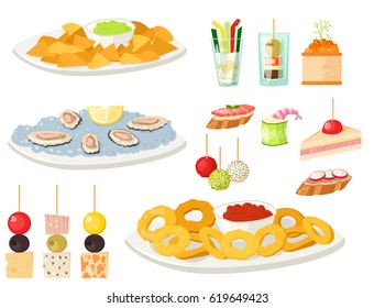 Various meat canape snacks appetizer fish and cheese banquet snacks on platter vector illustration.