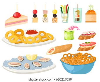 Various meat canape snacks appetizer fish and cheese banquet snacks on platter vector illustration.