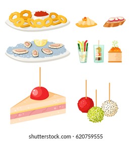 Various meat canape snacks appetizer fish and cheese banquet snacks on platter vector illustration.