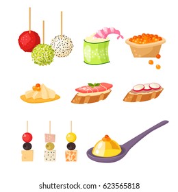 Various meat canape snacks appetizer fish and cheese banquet snacks on platter vector illustration.