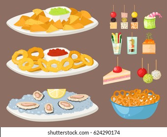 Various meat canape snacks appetizer fish and cheese banquet snacks on platter vector illustration.