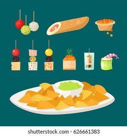 Various meat canape snacks appetizer fish and cheese banquet snacks on platter vector illustration.
