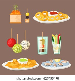 Various meat canape snacks appetizer fish and cheese banquet snacks on platter vector illustration.