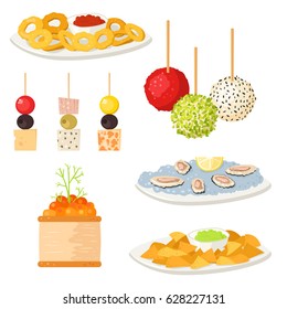 Various meat canape snacks appetizer fish and cheese banquet snacks on platter vector illustration.