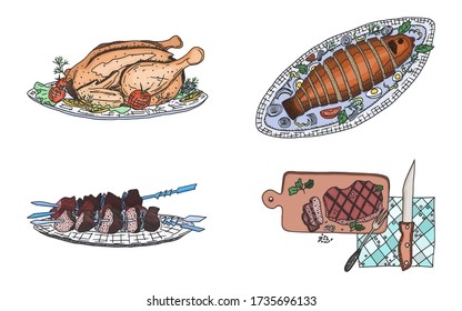 varios platos de carne kebab especie de vector de pollo